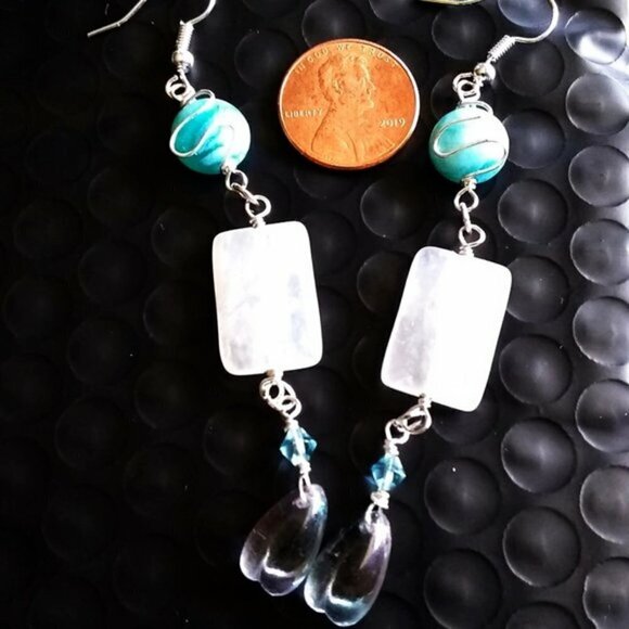 Frosted Quartz Rock Crystal + Aqua Jade Extra Long Wire Wrapped Dangle Earrings - Picture 3 of 6